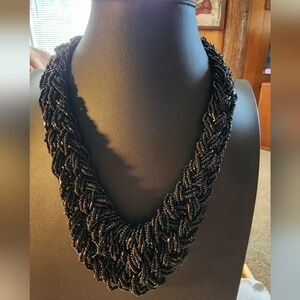 Black Seed Bead Multi-Strand Braided Statement Necklace 20"